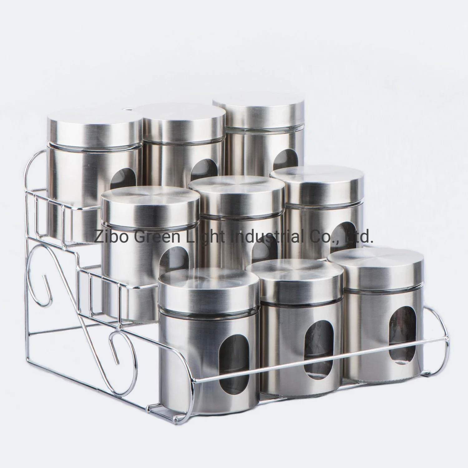 9PCS 600ml Glass Food Jar with Stainless Steel Casing and Metal Rack for Candy Sweets