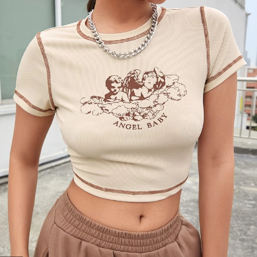 Fashion Sexy Printed Short Sleeve Crop Top Tee Shirt Women Summer Clothes Cute Streetwear