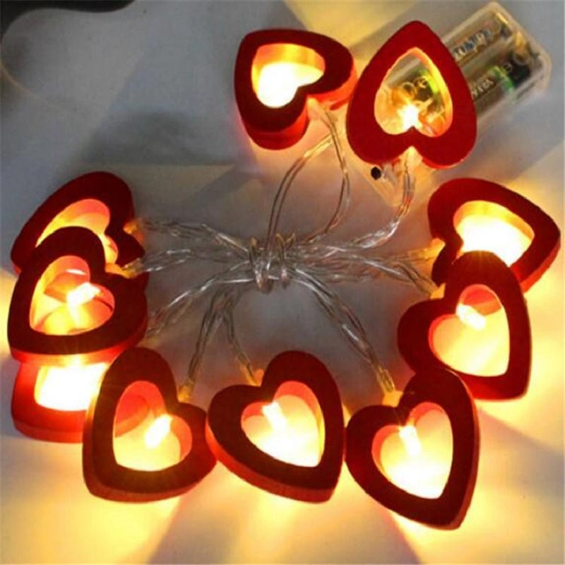 Herz Form Valentinstag dekorative rote Holz Liebe Batterie LED Lichter Zeichenfolge