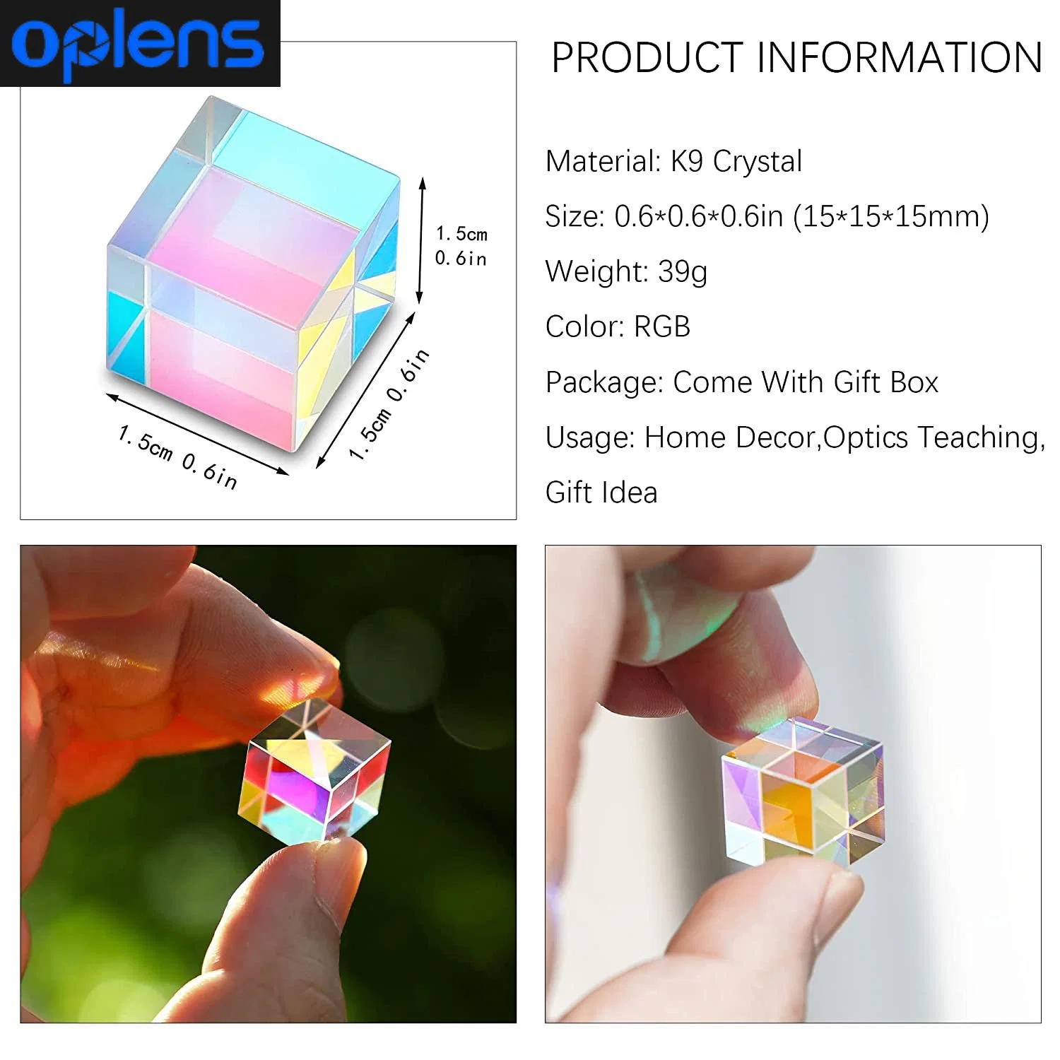 2024 Échantillon gratuit/enquête pour les dessins Mini K9 Verre en cristal cube de prisme de verre optique à prisme de dispersion RVB X-Cube de la physique de la photographie Props 15 * 15 * 15mm