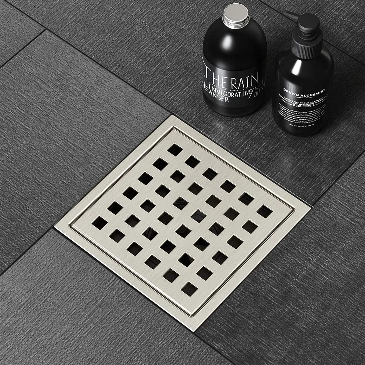 SUS304 Tile Insert Brushed Square Bathroom Sump Floor Drain with Removable Grate Cover