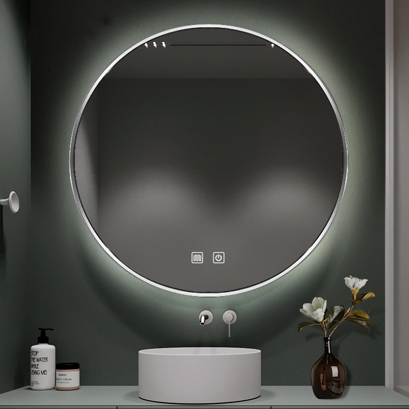 Espejo de baño redondo con marco de aluminio nórdico Smart LED Light Mirror Inodoro Lavadora espejo de maquillaje montado en la pared