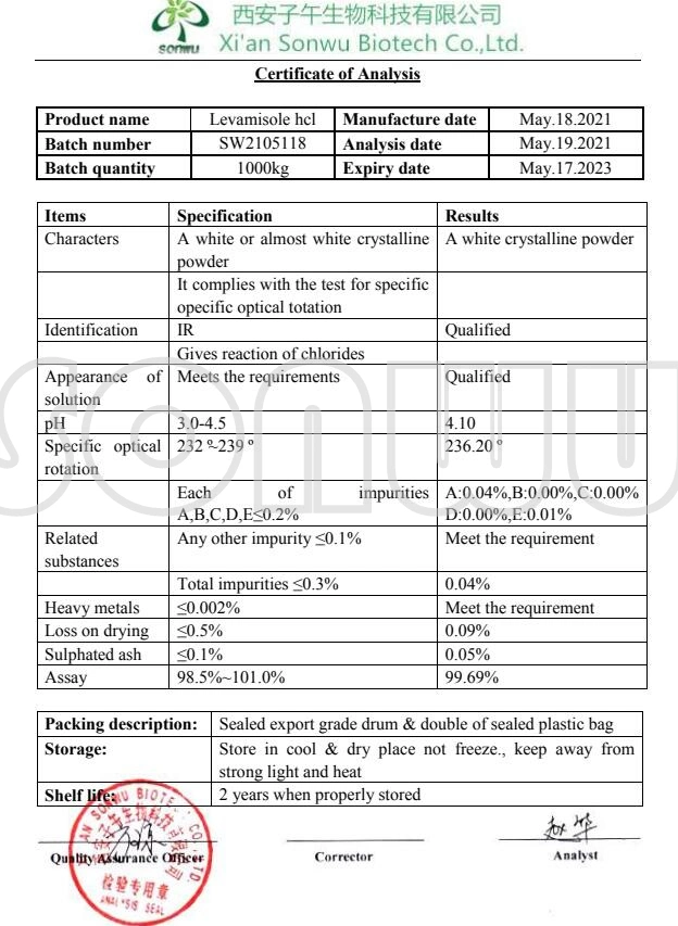 Поставки фармацевтических химических Levamisole Sonwu HCl