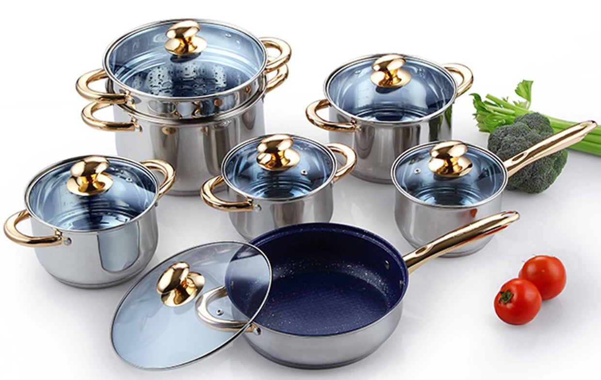 Großhandel/Lieferant 12pcs Edelstahl Kochgeschirr Set mit goldenen Griffen und blauen Glasdeckel, wirtschaftliche Küchenutensilien geeignet für alle Kochfelder mit Töpfen und Pfannen