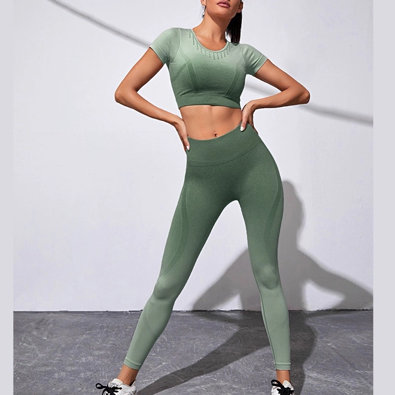 Hot Sexy Two Piece Fantastic Tennis Outfits Outdoor Sportswear for Women, Iridescent Seamless Gym Wear Short Sleeve Crop Top + Leggings Jogging Activewear