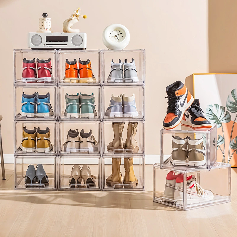 Montaje completamente transparente cajones plegables cajas de zapatos de los hogares de almacenamiento de polvo, mostrar los racks