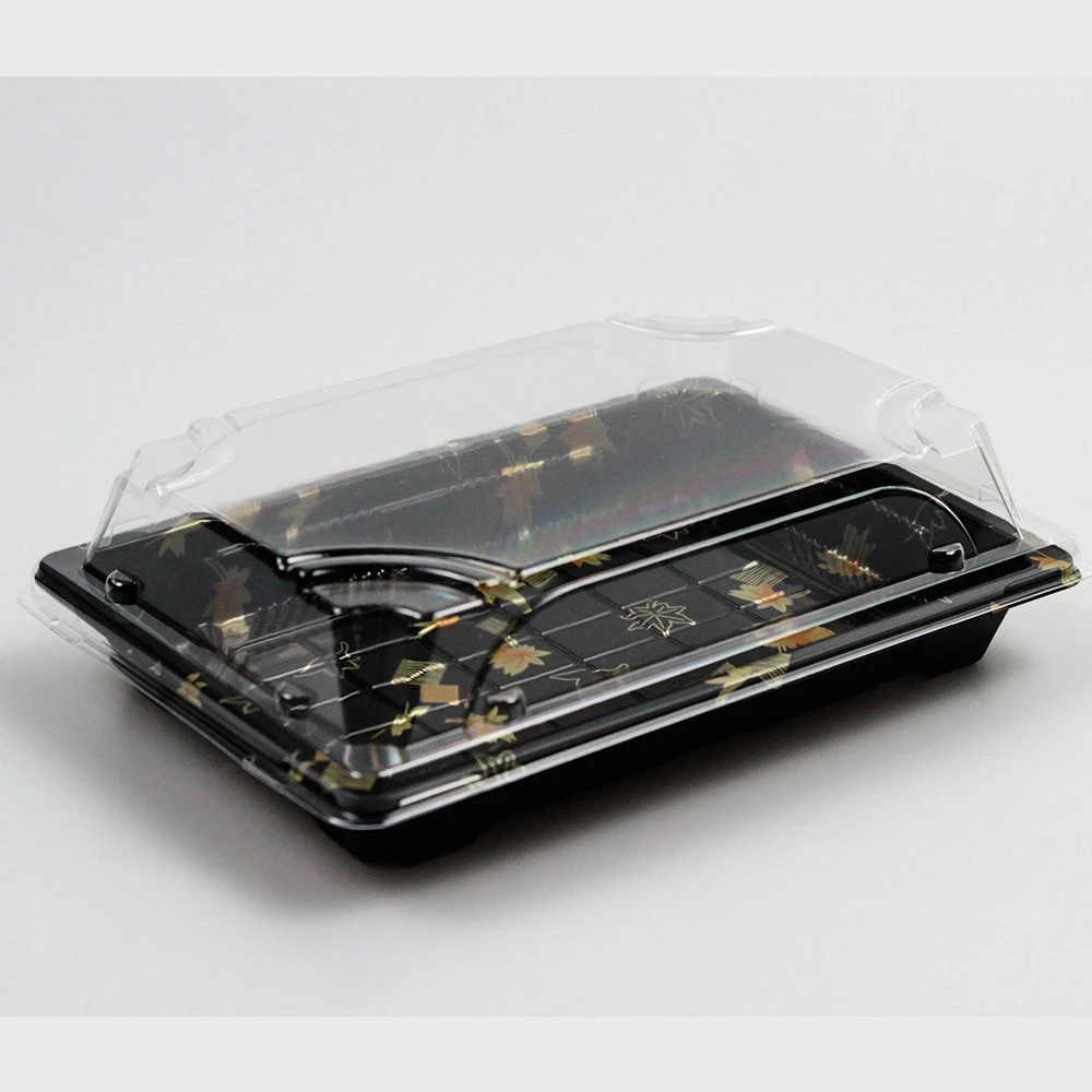 Takeaway Disposable Plastic Tableware 190mm Length PS Plastic Sushi Tray Black Box with Lid