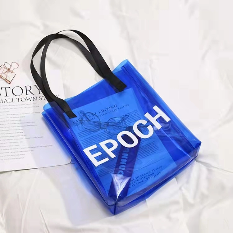 Fashionable Clear PVC Shopping Bag Waterproof Plastic Reusable PVC Beach Tote Bag with Durable Handle Colorful Ladies Tote Handbag