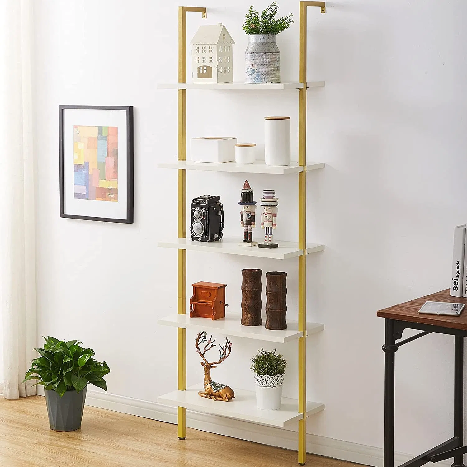 American Style White Color Wooden Bookcase with Cabinet