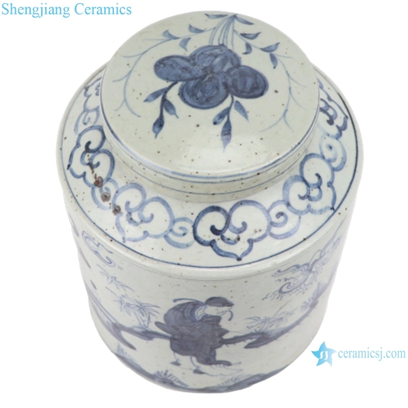 Chinois fait main porcelaine bleu et blanc Antique bocal Ancestor Lidded Pot