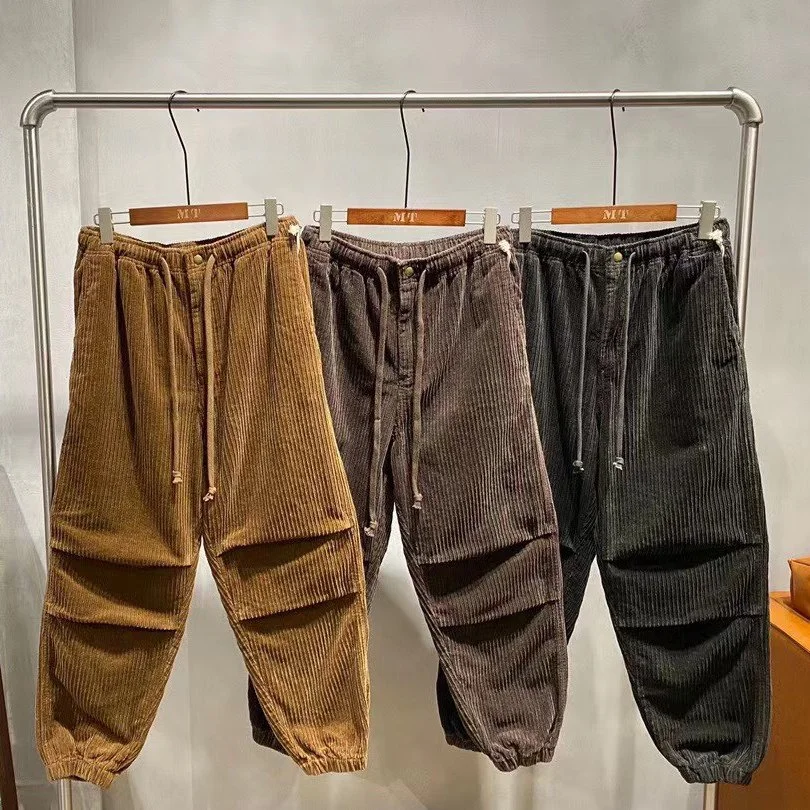 100% Cotton Casual Elastic Waist Hip Hop Corduroy Jogger Cargo Pants Trousers for Men