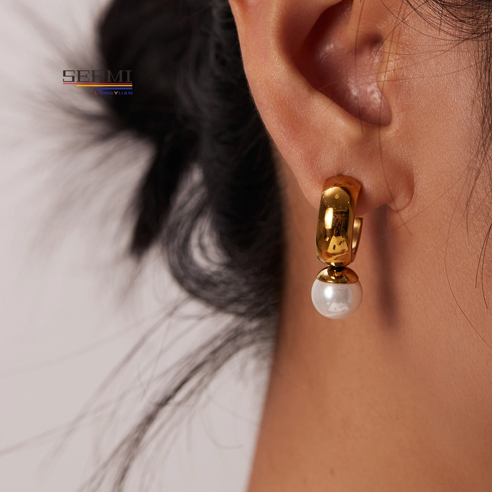 18K Or -Plaqué Acier Inoxydable en Forme de C Boucles d'Oreilles Perle Bijoux