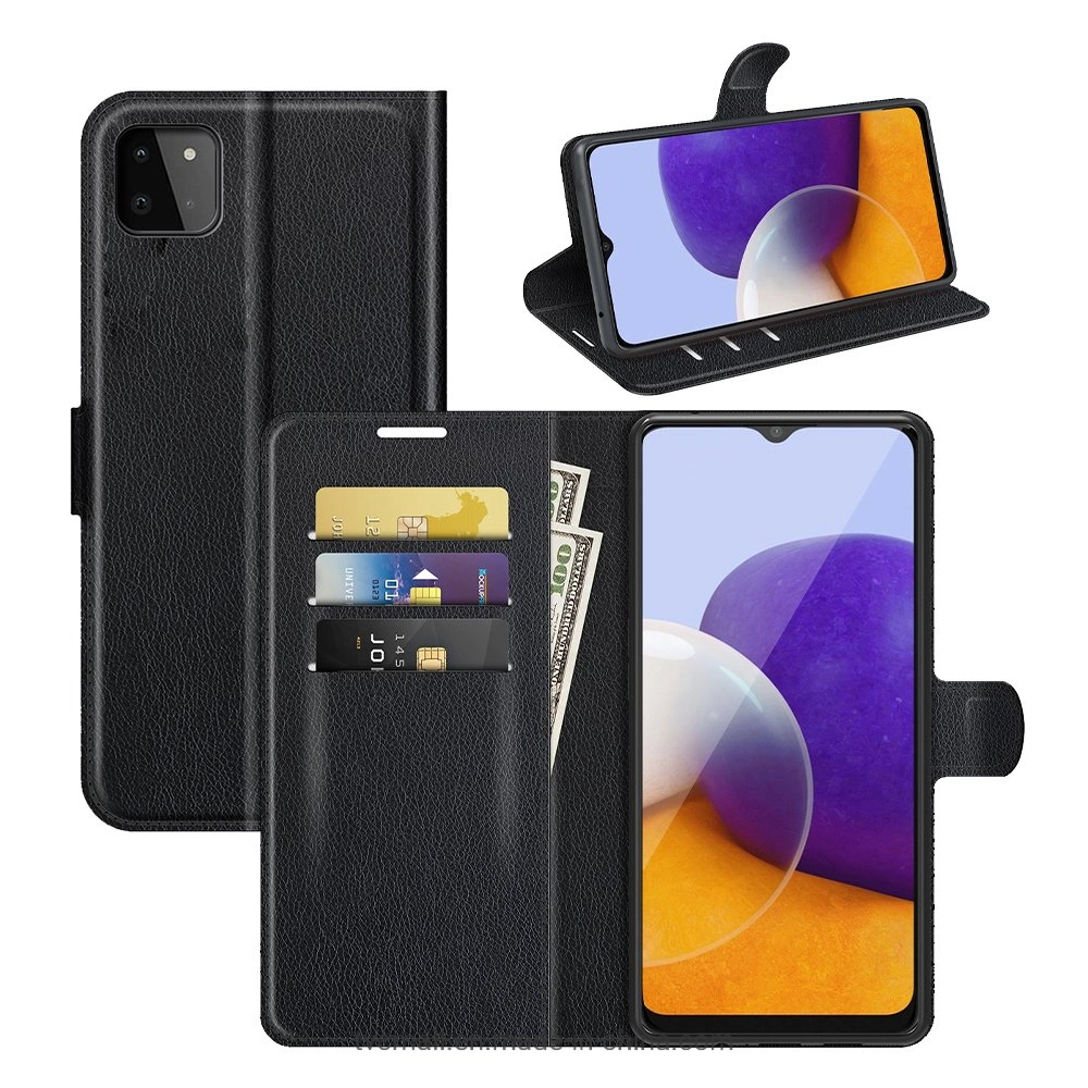 Folio Flip Litchi Skin Drop-Proof Leather Wallet Design Leather Case Stand Cover Phone Cover for Samsung Galaxy A22 5g (EU Version) - Black