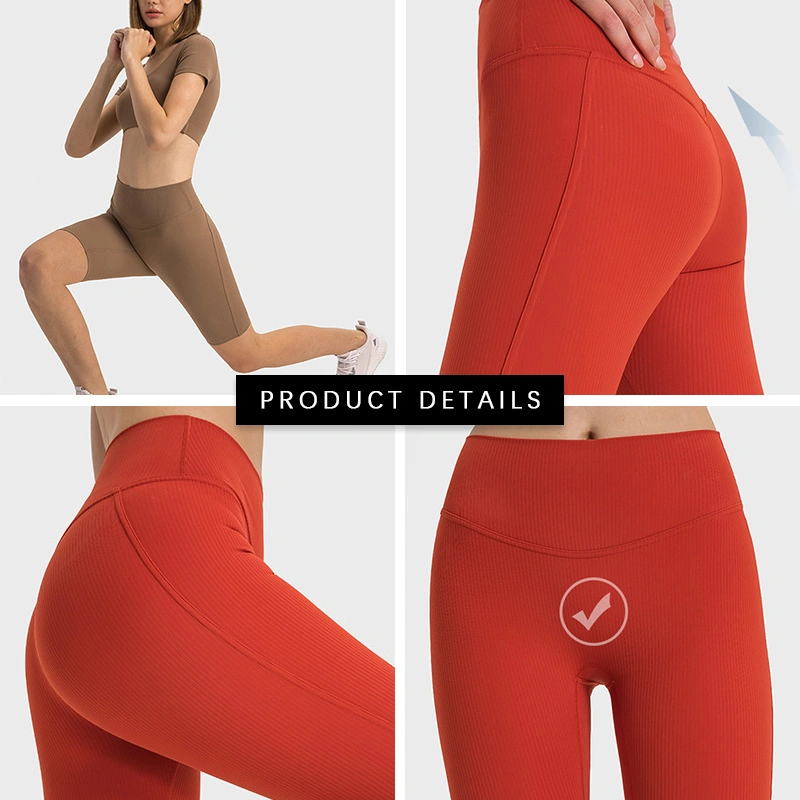 Dk377 estriada Drawstring la conformación de cintura alta Peach Butt ejercicio Leggings corriendo al aire libre Gimnasio Yoga pantalones cinco puntos de la mujer