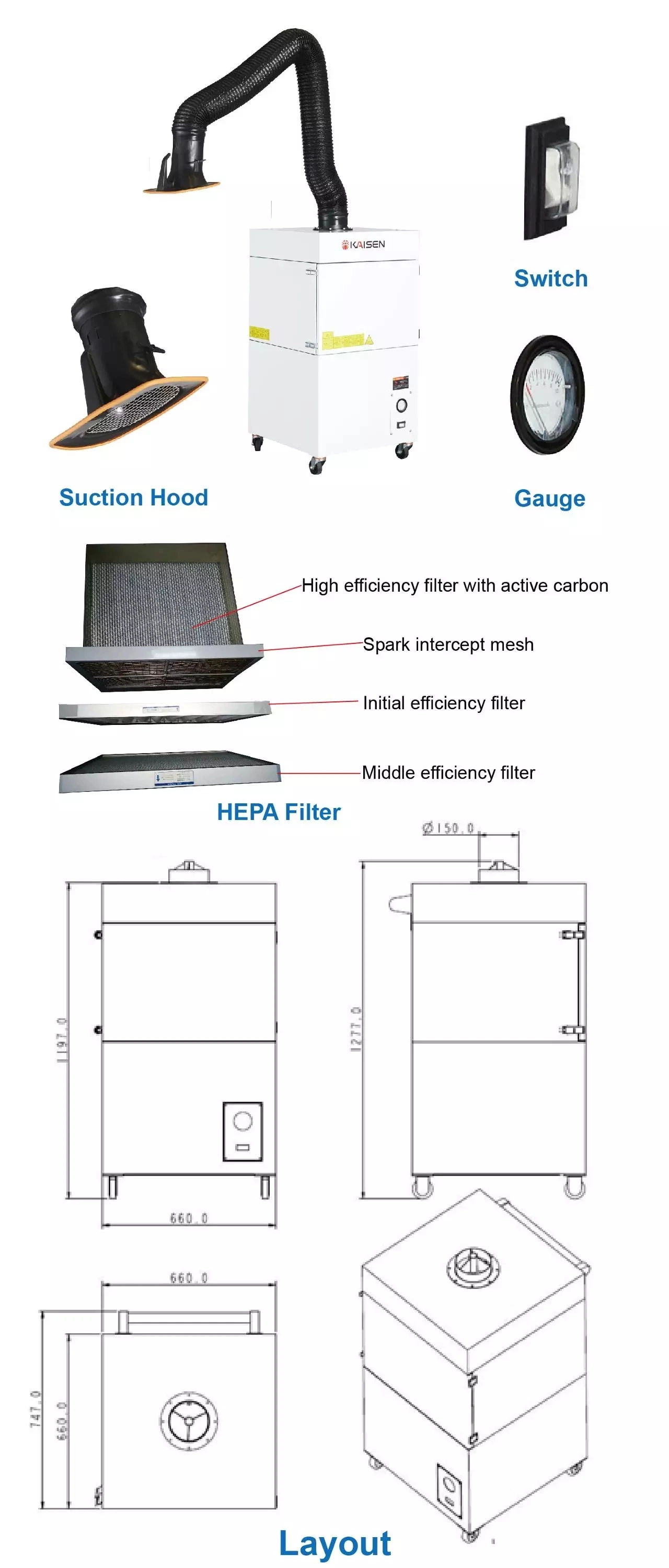 2020 Kaisen Extractor de humos de soldadura móvil colector de polvo purificador de aire Extractor de olores Ksj-0.7b