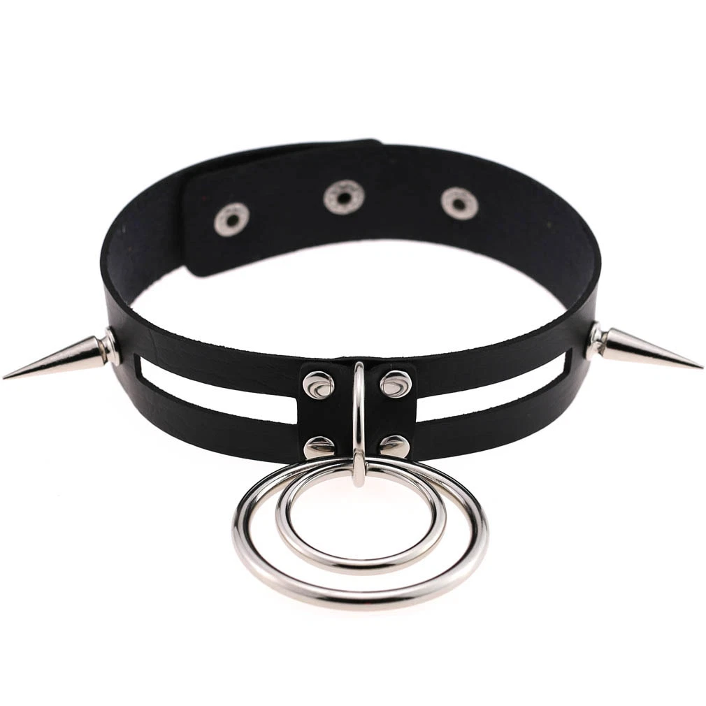 Sexy PU Leder Spiked Nieten Kragen Doppel O-förmigen großen Ring Halsband