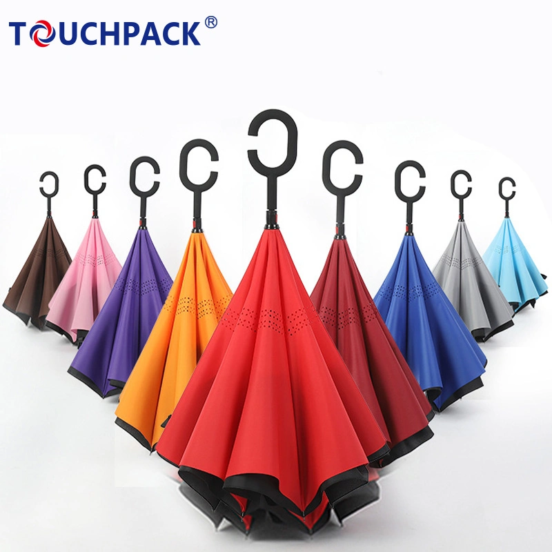 Amazon Best Seller Double Fabric Windproof C Shape Handle Upside Down Inverted Reverse Umbrella