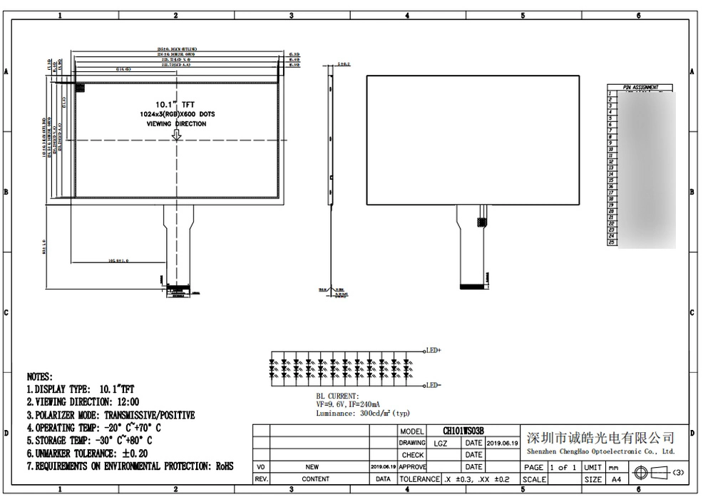 Transmissives Display 10,1 Zoll 1024X600 Auflösung 50pin TFT LCD Display Modul