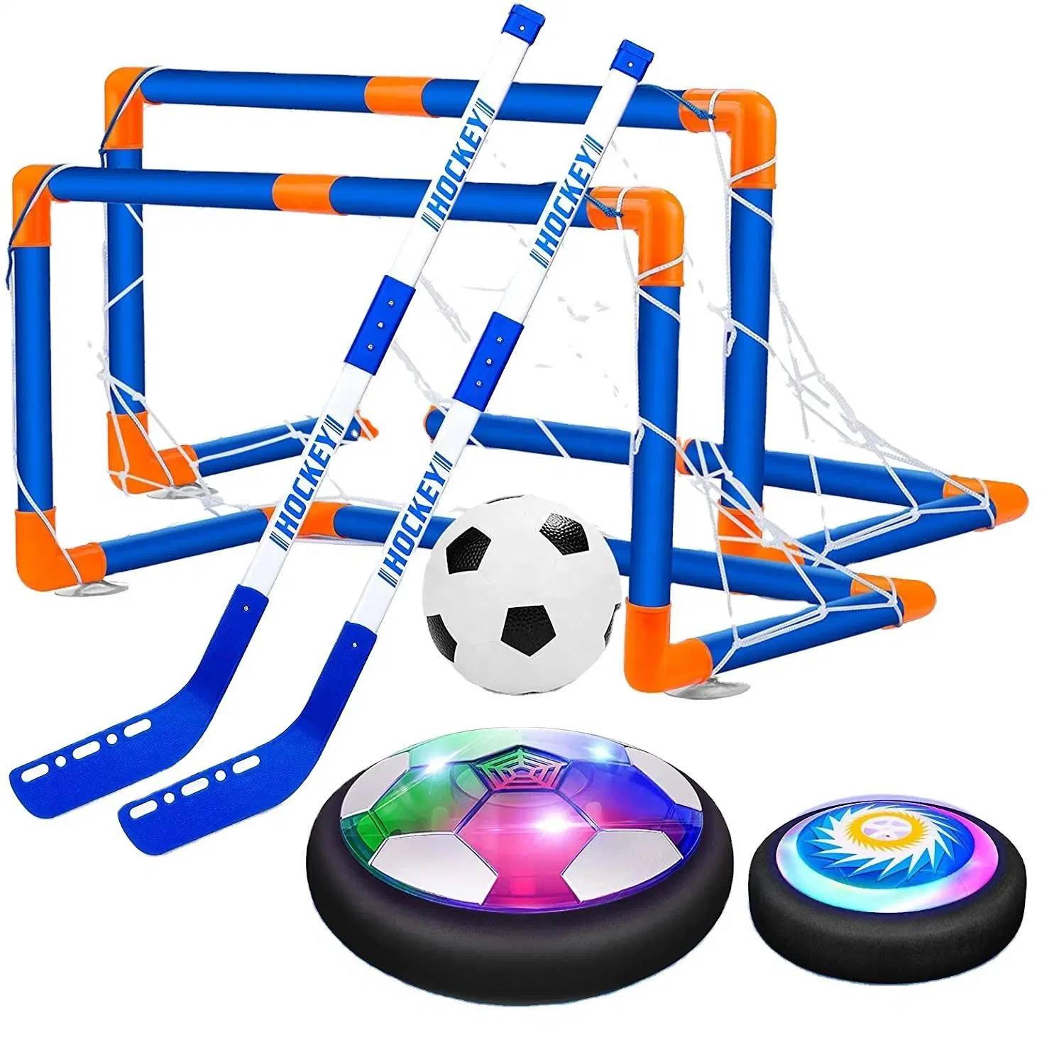 2 in 1 Hover Hockey Fußball-Ball Spielzeug Set USB Wiederaufladbare und Batterie Hockey Floating Air Fußballspielzeug mit LED Licht