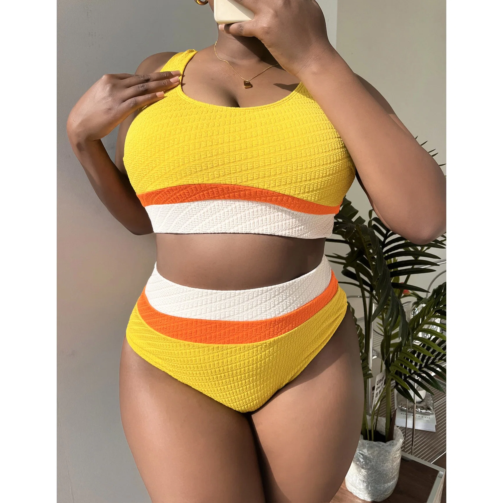 Women Yellow Swimsuit Stripe Fat Women Swimwear Plus Size Bikini Beachwear