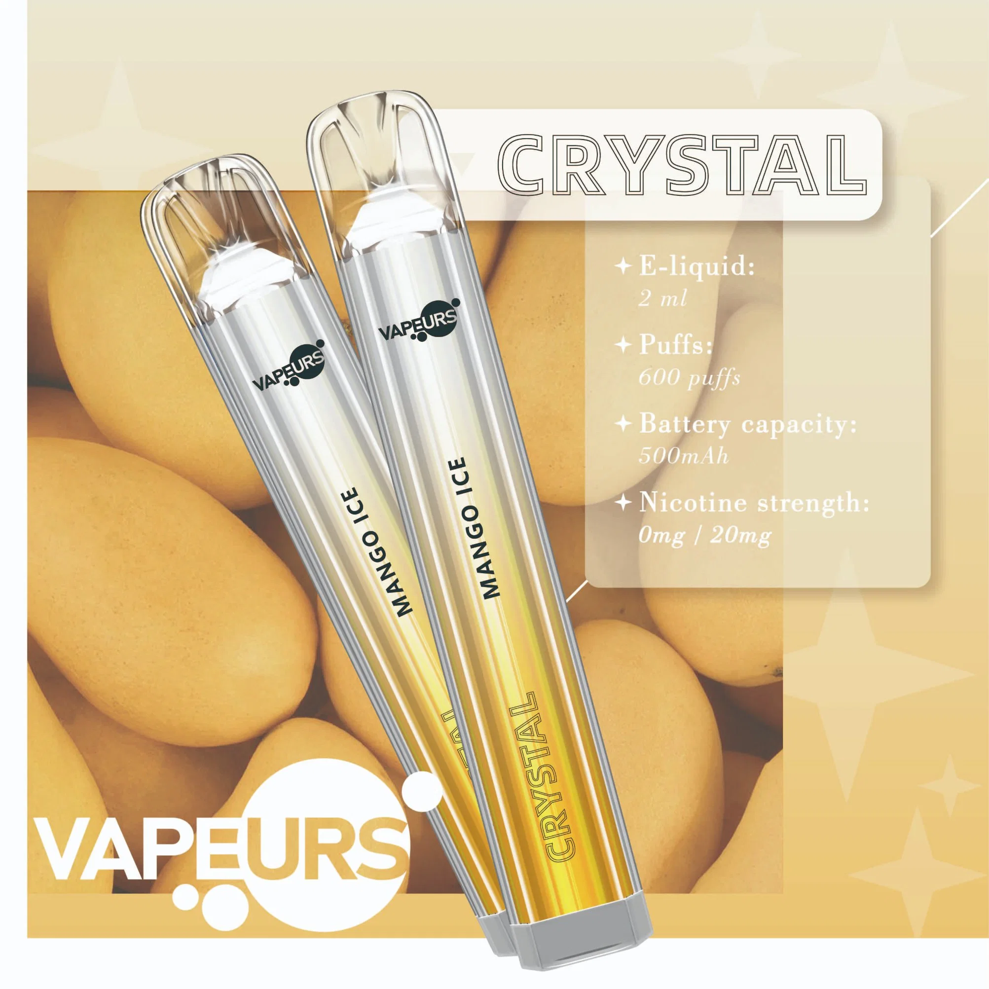 Vapeurs Crystal 600 Puffs descartáveis Vape Pen Smoking Pipe Hookah Cigarro electrónico