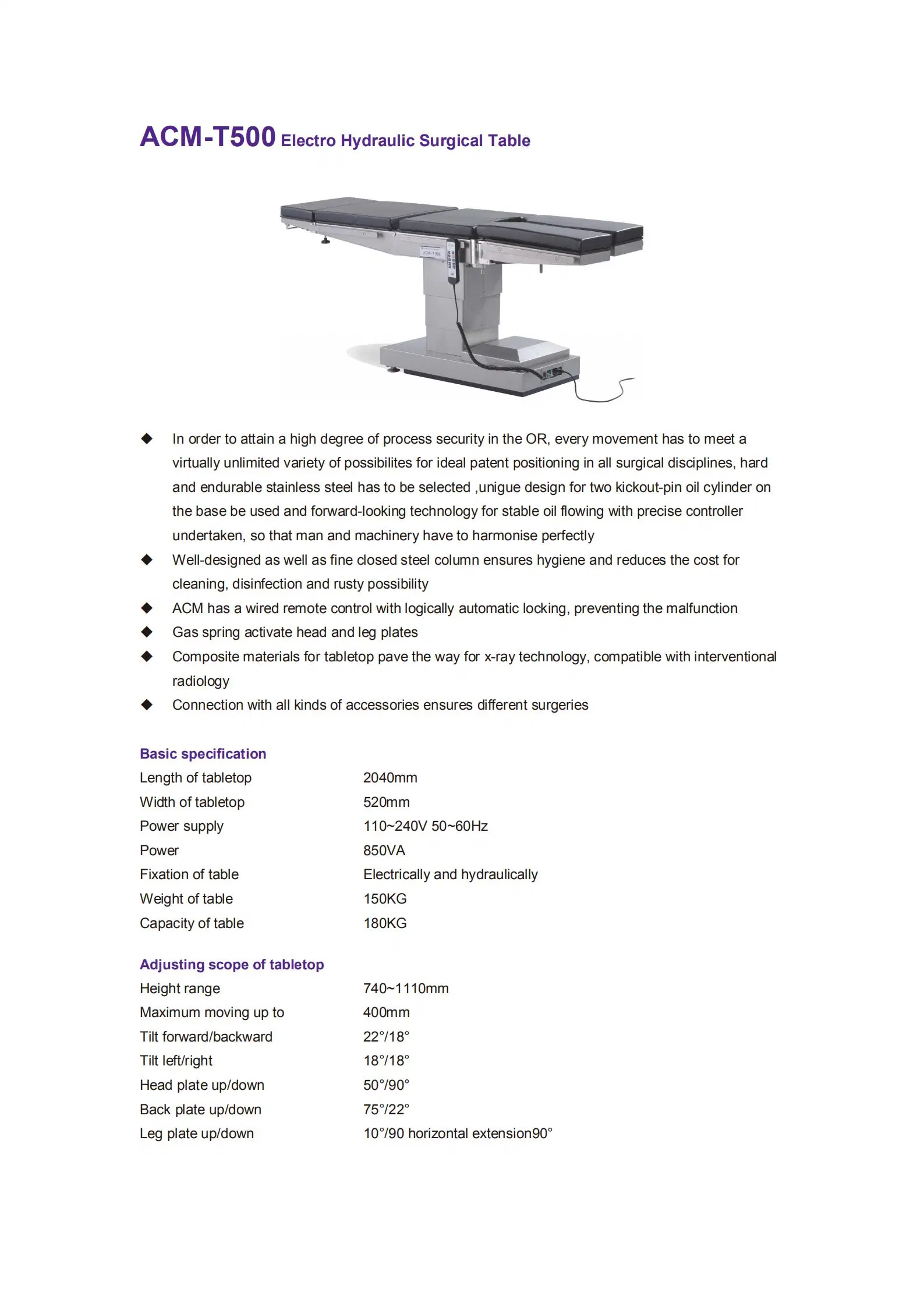 Adjustable Surgical Operation Medical Electric Hydraulic Operating Table