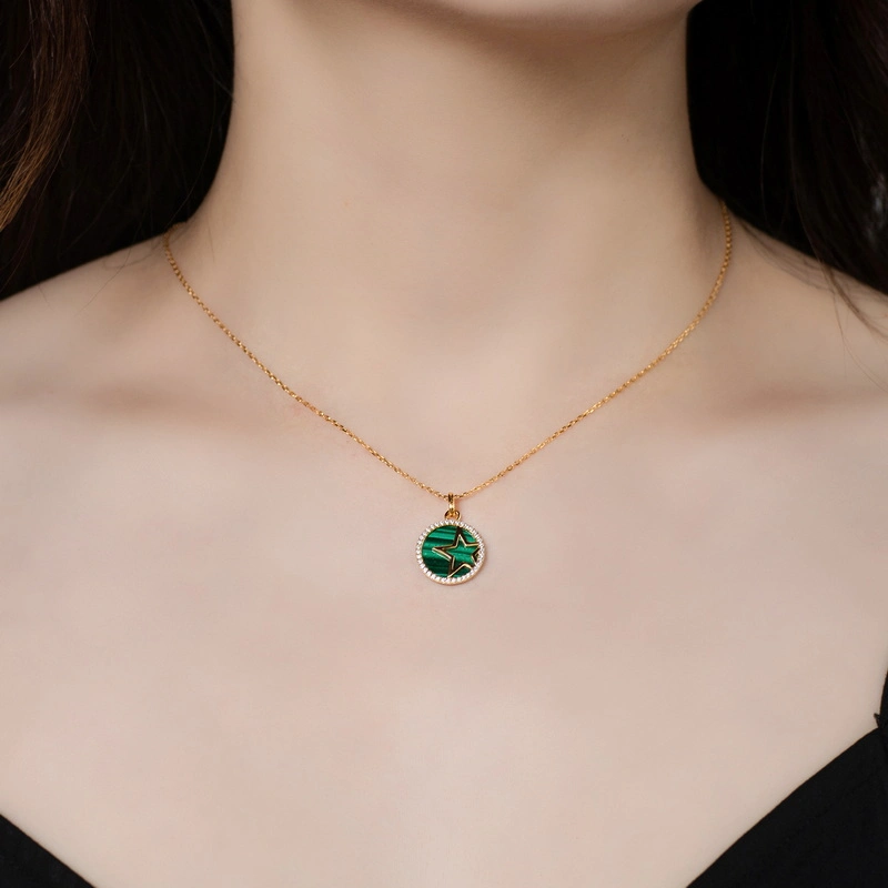 Top Selling Natural Malachite Round Coin Gemstone 925 Silver Gold Plated Chain Dainty Minimalist Layering Necklace for Her