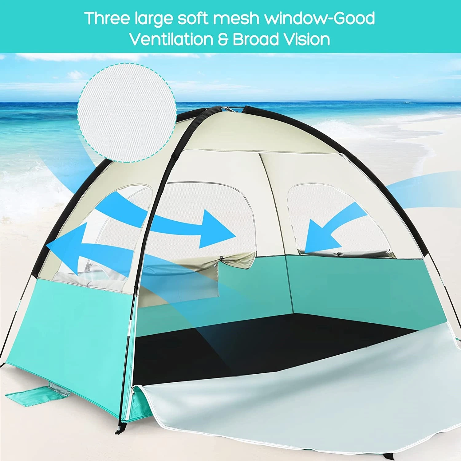 Beach Tent Sun Shelter, Anti-UV Sun Shade Tent for 3 Person Family with 3 Mesh Windows Portable Carrying Bag