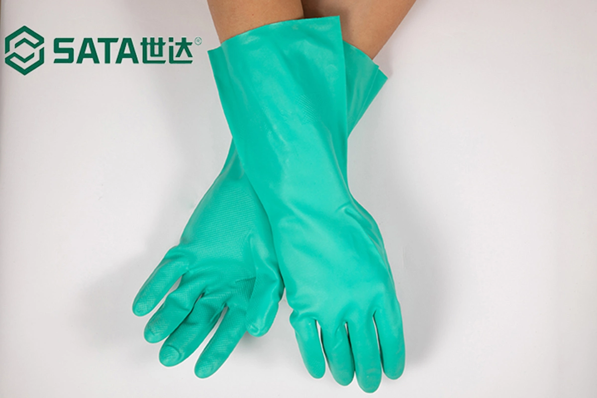 SATA PPE (Apex Werkzeuggruppe) Green Powder Free Wasserdichtes Öl Industrie Handschutz Industrie Nitril Arbeitshandschuhe Für Chemische Verteidigung