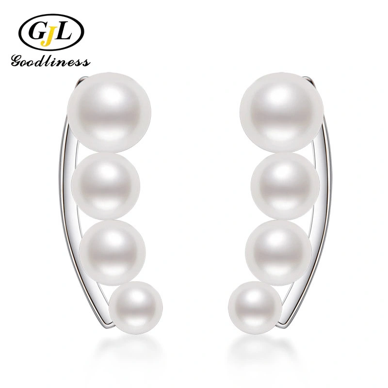 925 Sterling Silver Pearl Earpin Arc Balance Wood Four Pearl Earring Jewelry