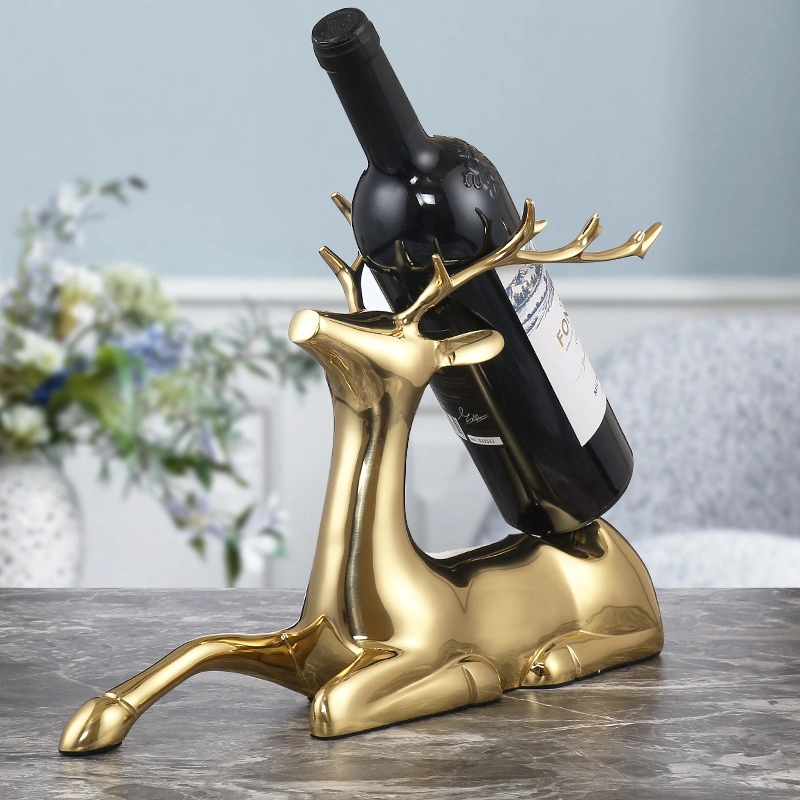 Fine Copper Hand Polishing Decorative Sitting Deer Figurine Wine Bottle Stand