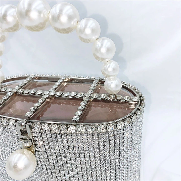 Eb1486 Silver Evening Women Cage Pearl Purse Handbag Beaded Rhinestone Crystal Bling Diamond Clutch Bag