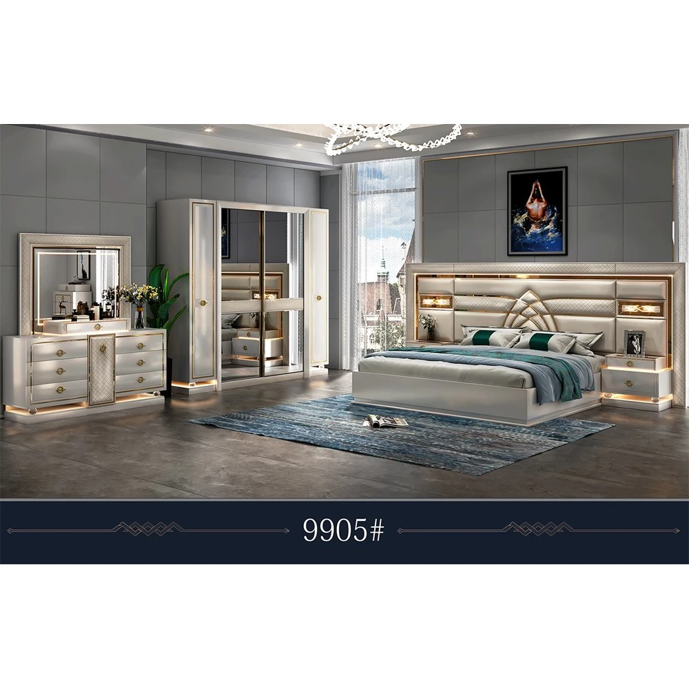 Latest Modern Hotel Bedroom Furniture Set King Size Bed Set with Sliding Wardrobe and Make up Table 5 Pieces Set for Home