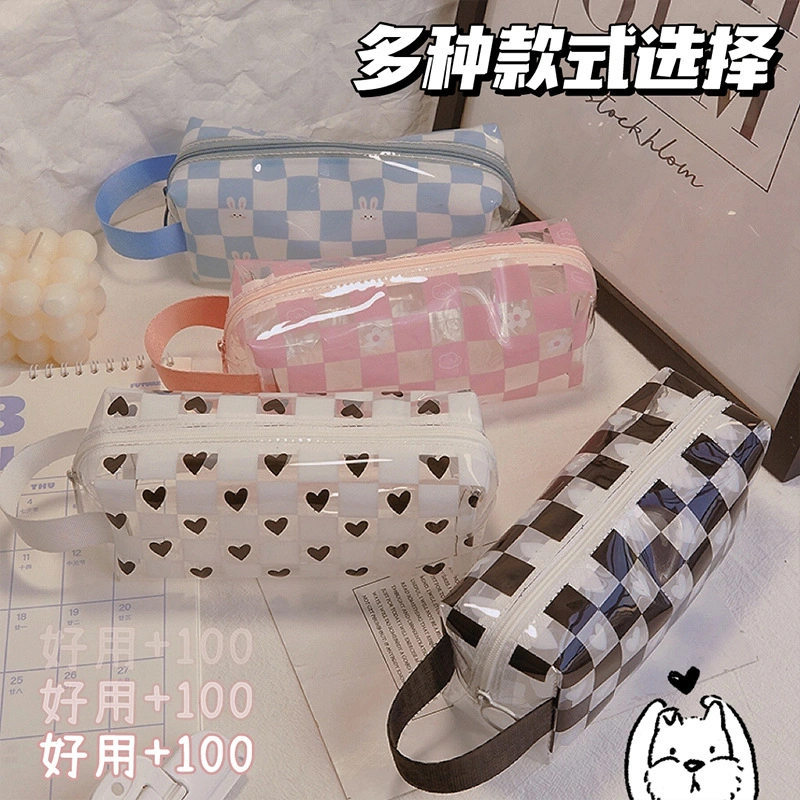 Fashion Transparent Checkerboard Printing Promotional Girls Cosmetic Pencil Bags Cases Box
