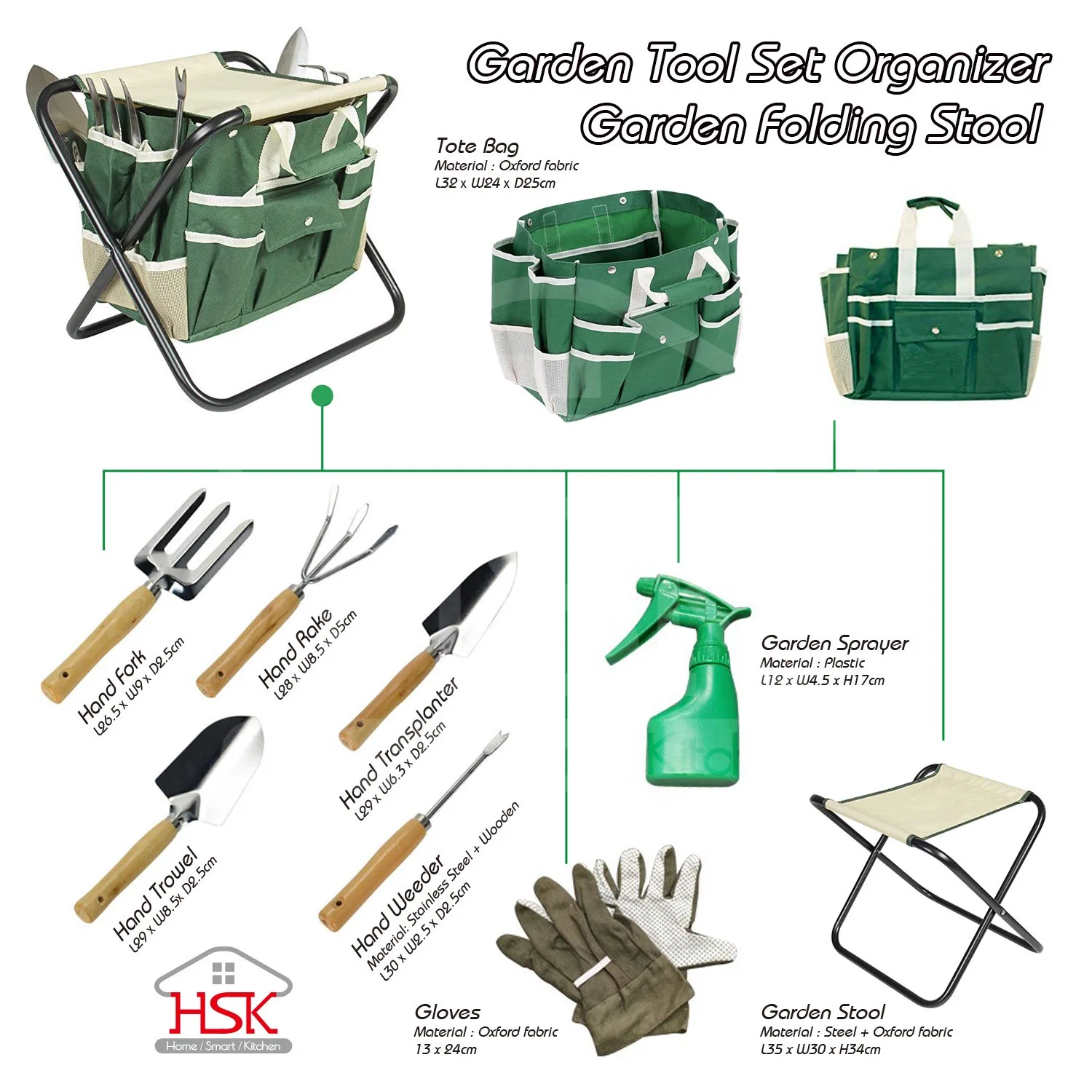 Garden Tool Set with Folding Stool and Canvas Bag