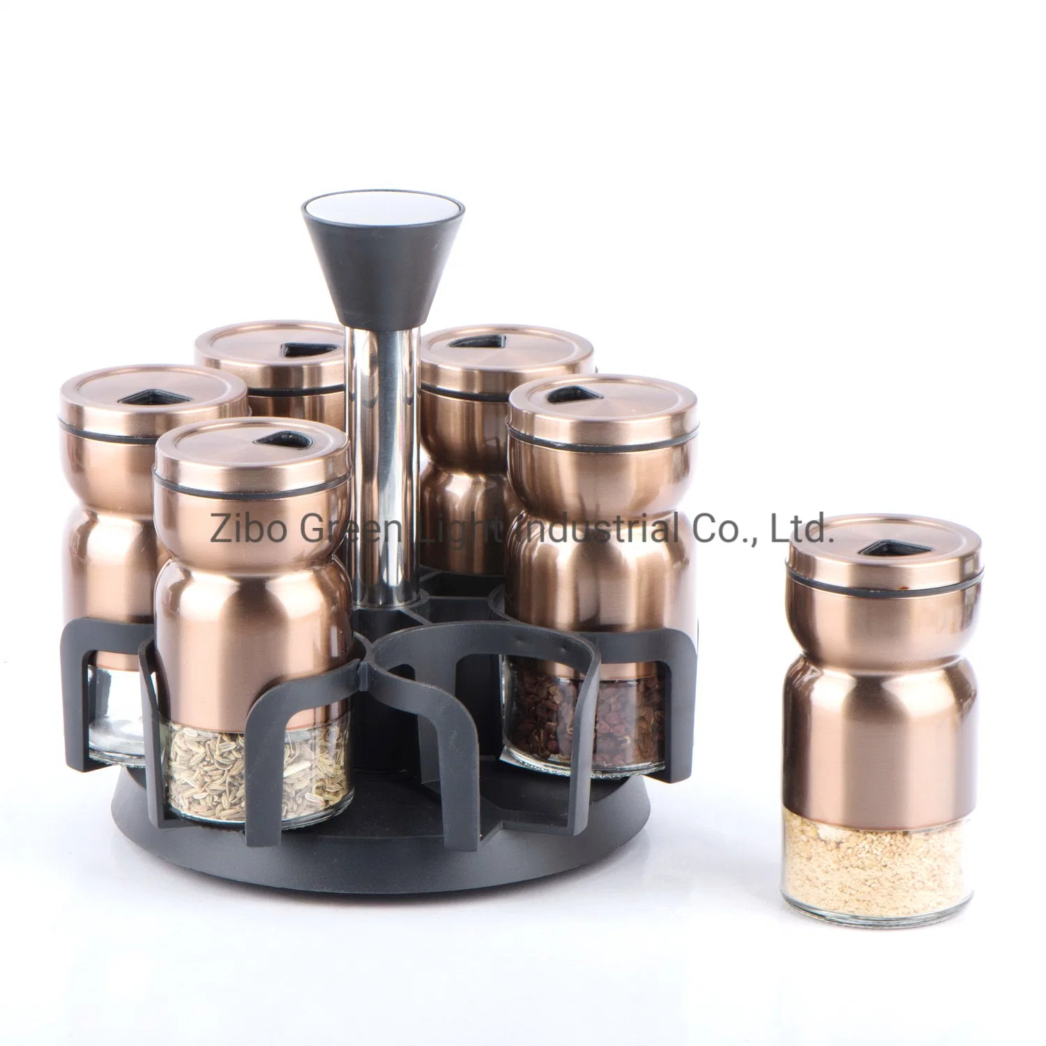 6pzas 115ml frasco de vidrio Spice Shaker con carcasa de acero inoxidable y plástico Rack rotatorio