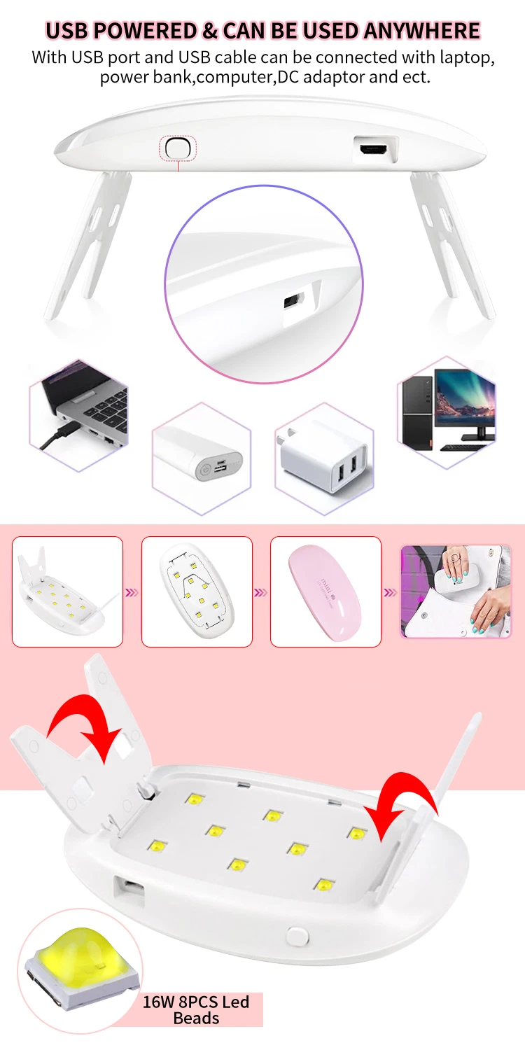 Grs Certification Mini UV LED Nail Lamp 16W USB Foldable Nail Gel Dryer Lamp, Fingernail and Toenail Mini UV Light for Gel Polish