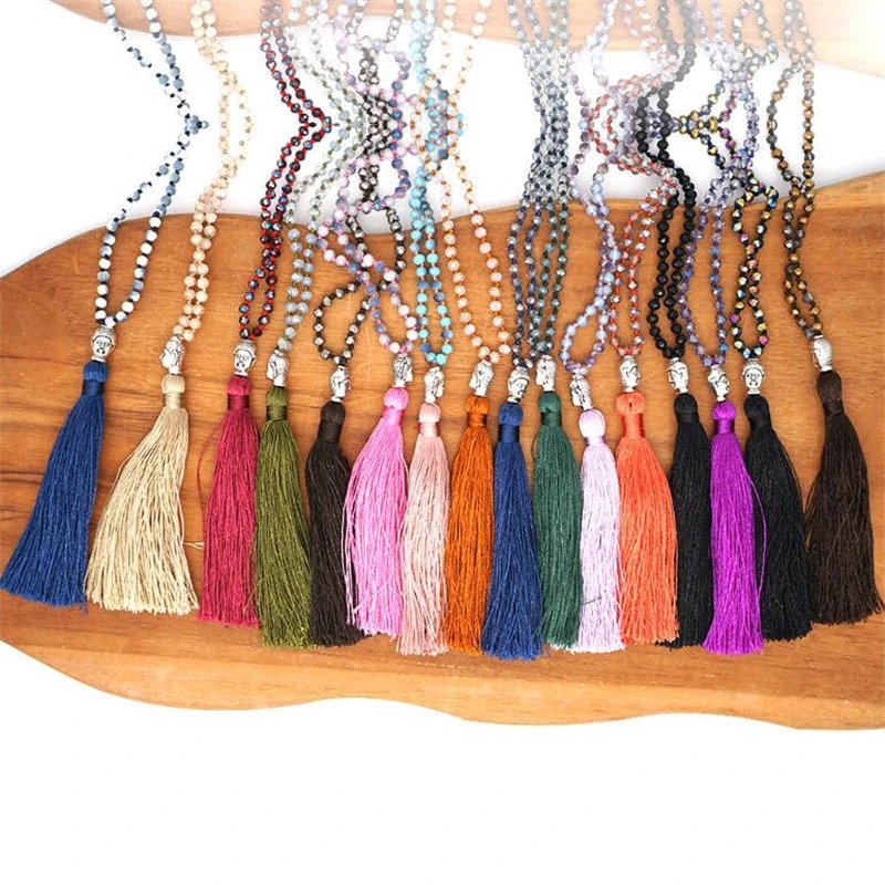 Bohemia Long Thread Tassel Necklace Handmade Knot Natural Stone Beaded String Healing Necklace