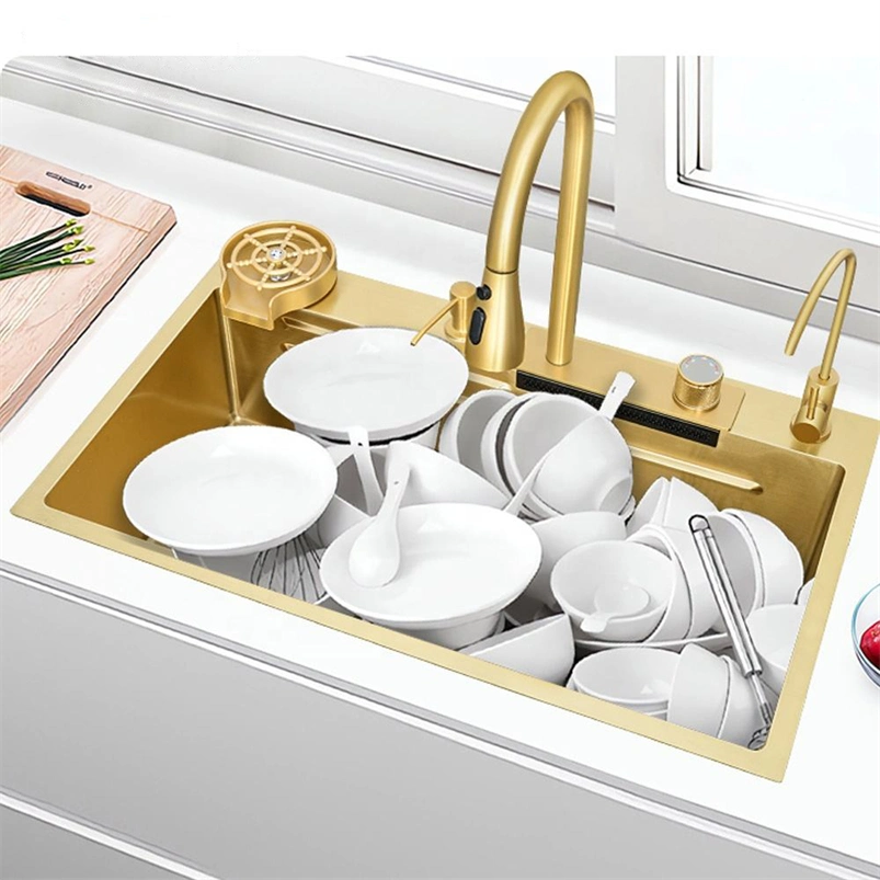 Luxury Hot Sale Modern Handmade 304 Stainless Steel Undermount Kitchen Sink with Wear-Resistant Nano-Brushed Finish, Waterfall Faucet Gold Kitchen Wash Sink