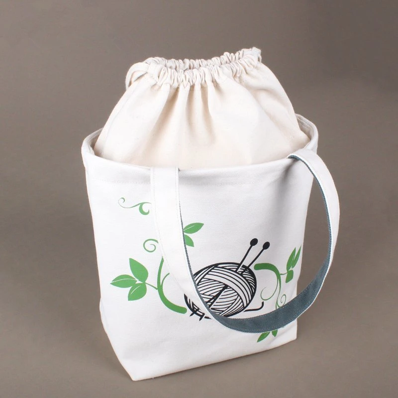 Custom Eco Friendly Drawstring Closure Cotton Canvas Light Knitting Tote Yarn Organizer Storage Bag