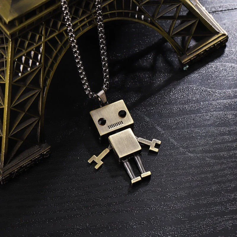 Mens Fashion Jewelry Titanium Steel Robot Pendant Necklace Women Robot Sweater Chain