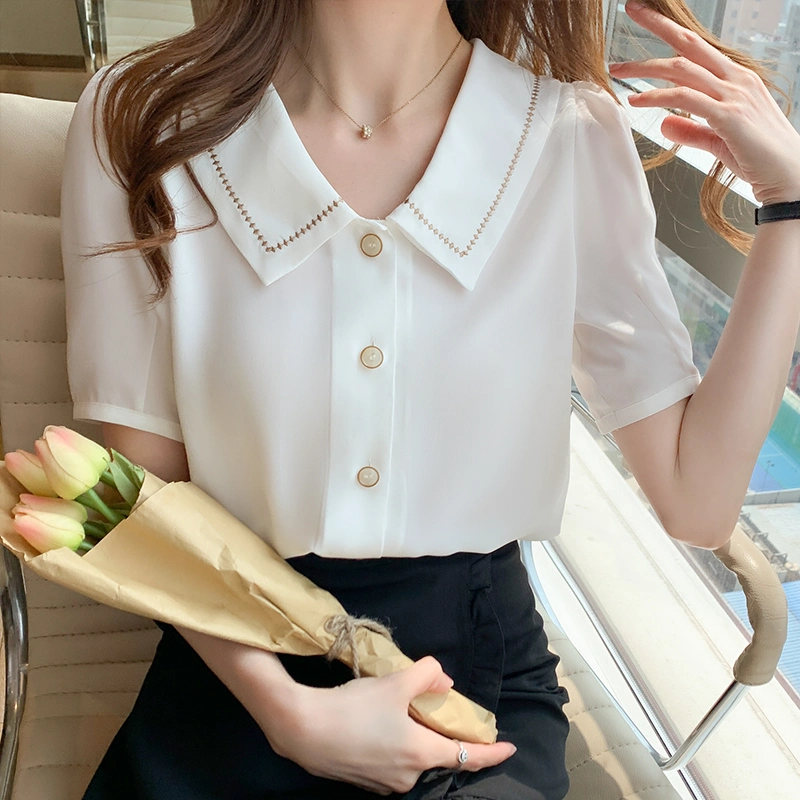 Blusas Blouses Femme Tops Women Turn Down Collar 2022 Summer White Blouse Short Sleeve Chiffon Blouse Shirt