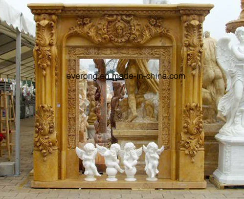 Indoor Decorating Wall Hanging Roman Yellow Marble Fireplace with Angel Carving