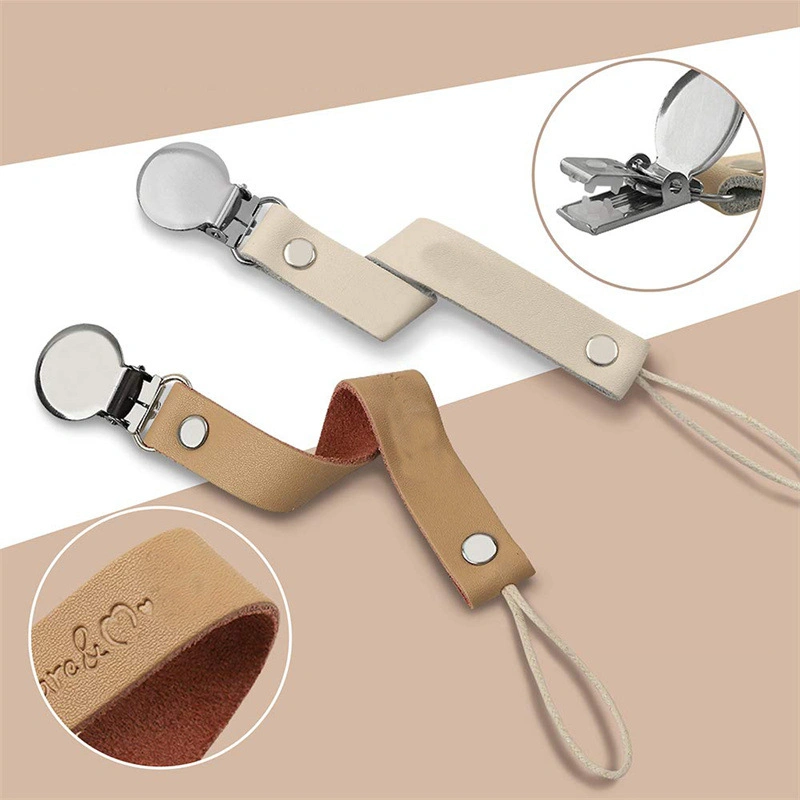 New Arrival Lovely Designs 100% Vegan Leather Dummy Slip Holder String Baby Pacifier Clips