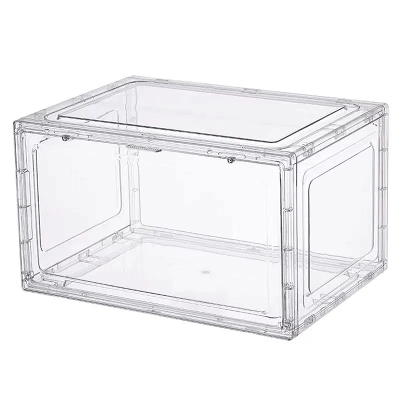 Funda de caja de zapatillas Sneaker con diseño acrílico antiarañazos plegable gratis Caja de zapata de plástico transparente abierta lateral magnética apilable