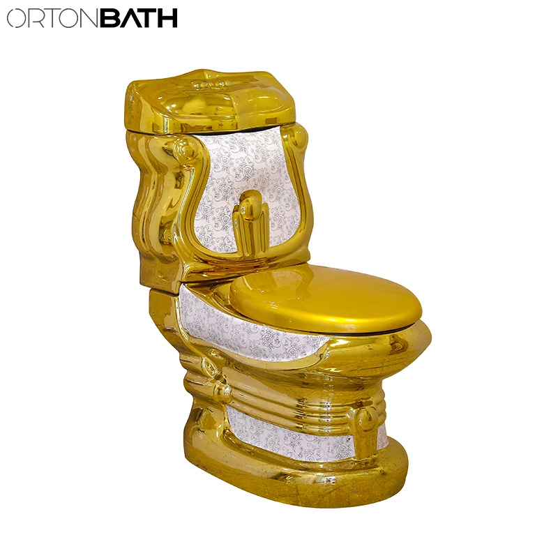 Ortonbath Saso Middle East Wash Down Gold White Lines Electroplating Bathroom Commode Set Floor Standing One Wc Toilet with Seat Cover Bowl Accessories