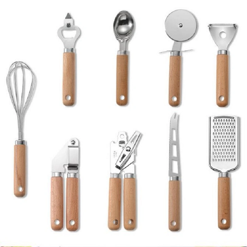 9pcs mango de madera la cocción de los utensilios de cocina de acero inoxidable Premium Juego Gadget