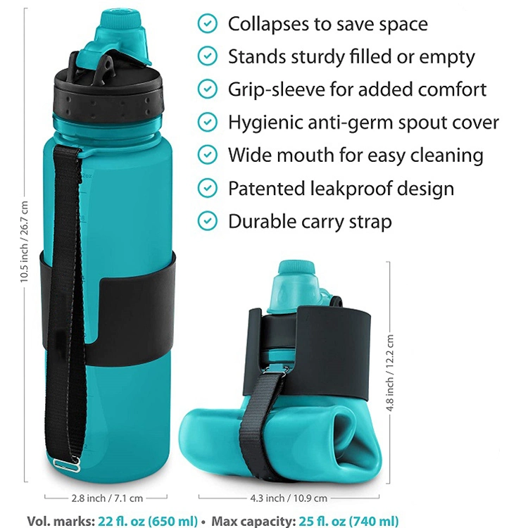 Garrafa de água recolhível, 750ml/26oz garrafas de viagem desportiva sem BPA aprovado pela CE Portable garrafa de bebida de silicone à prova de fugas