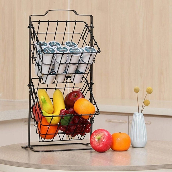 2 Tier Fruit Storage Basket Bread Vegetable Stand Detachable Metal Holder