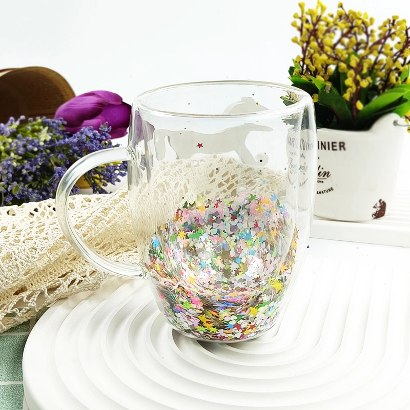 Egg Shaped Thickened Glitter Fine Flash Sand Double Glass Household Coffee Cup Juice Cup Milk Cup with Handle